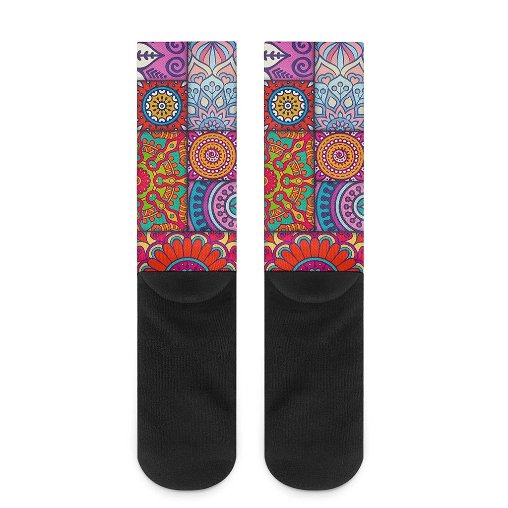 Square Bohemian Mandala Patchwork Print Crew Socks