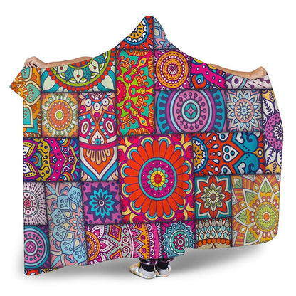 Square Bohemian Mandala Patchwork Print Hooded Blanket