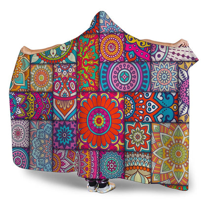 Square Bohemian Mandala Patchwork Print Hooded Blanket