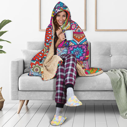 Square Bohemian Mandala Patchwork Print Hooded Blanket