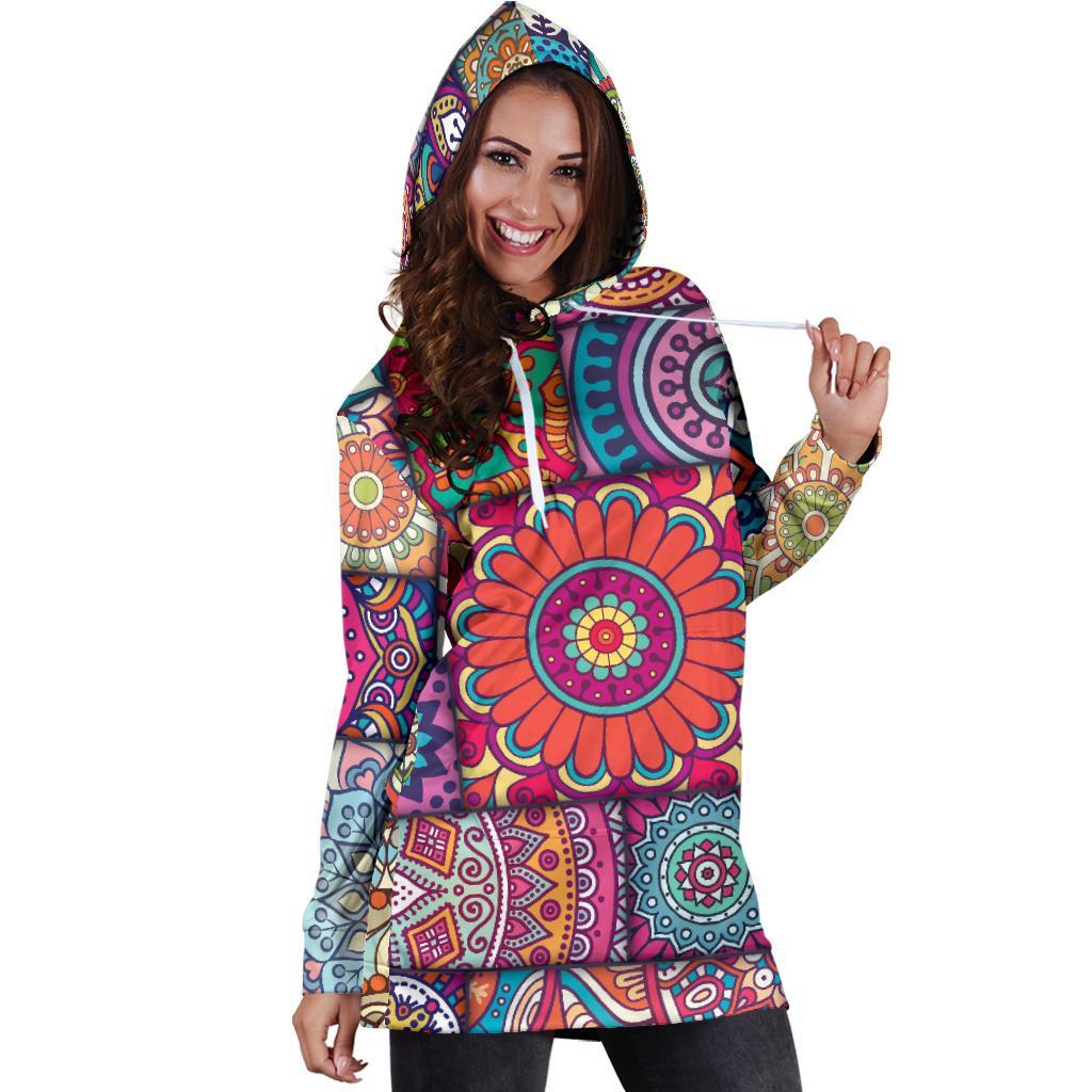 Square Bohemian Mandala Patchwork Print Hoodie Dress GearFrost