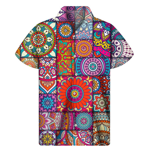 Square Bohemian Mandala Patchwork Print Men's Short Sleeve Shirt