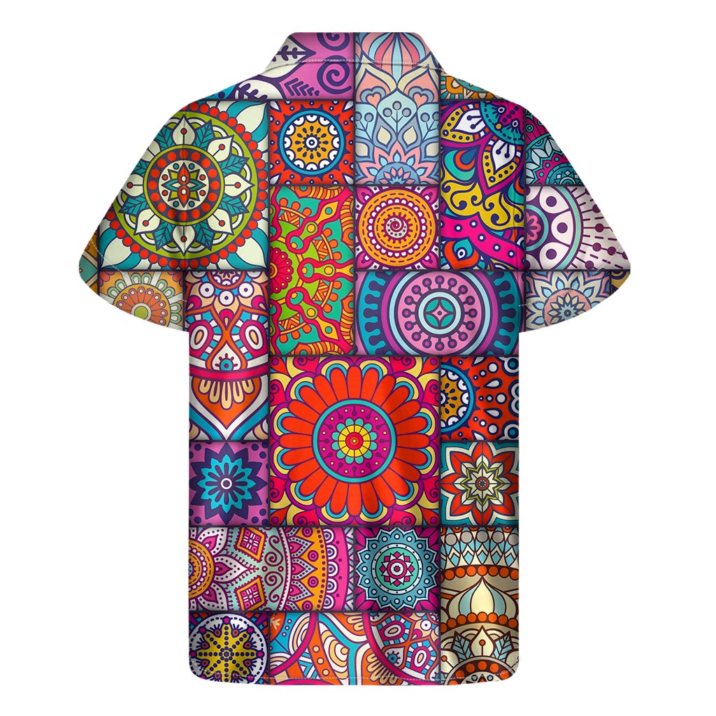 Square Bohemian Mandala Patchwork Print Men's Short Sleeve Shirt