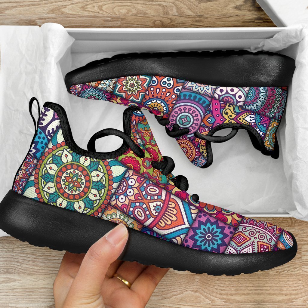 Square Bohemian Mandala Patchwork Print Mesh Knit Shoes GearFrost