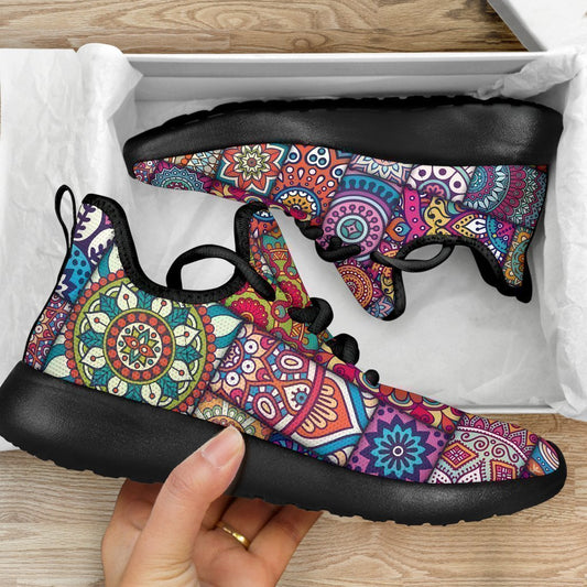 Square Bohemian Mandala Patchwork Print Mesh Knit Shoes GearFrost