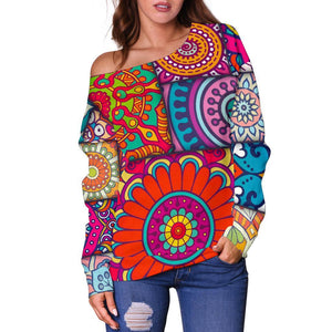 Square Bohemian Mandala Patchwork Print Off Shoulder Sweatshirt GearFrost