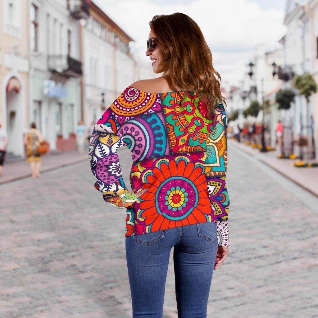 Square Bohemian Mandala Patchwork Print Off Shoulder Sweatshirt GearFrost