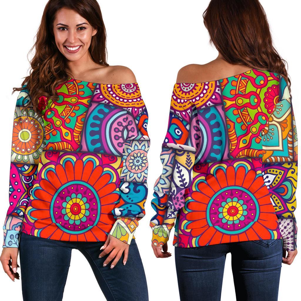 Square Bohemian Mandala Patchwork Print Off Shoulder Sweatshirt GearFrost