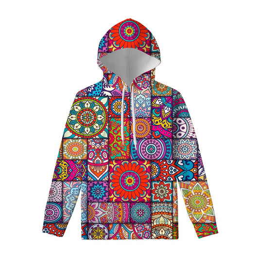Square Bohemian Mandala Patchwork Print Pullover Hoodie