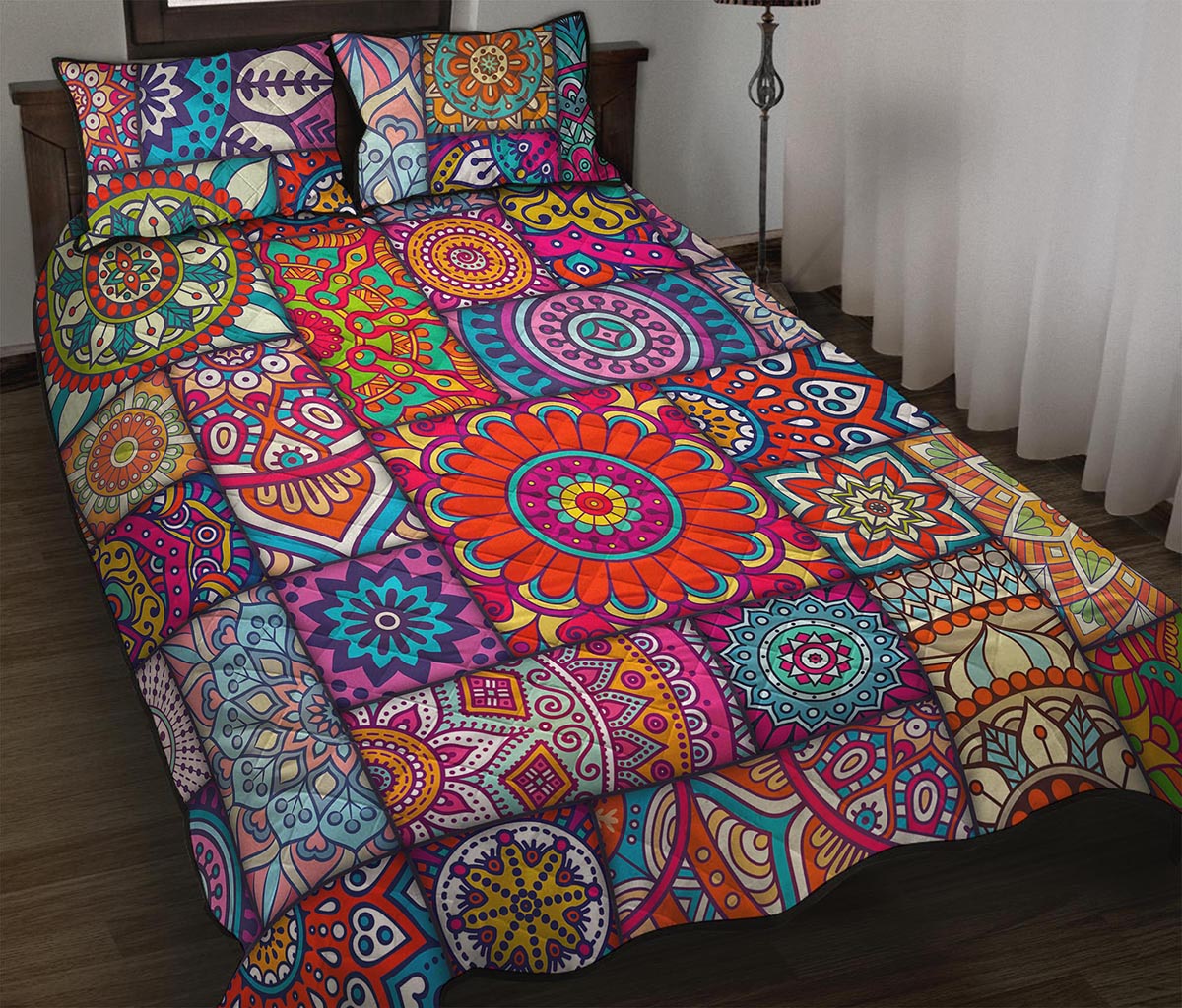 Square Bohemian Mandala Patchwork Print Quilt Bed Set