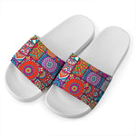 Square Bohemian Mandala Patchwork Print White Slide Sandals