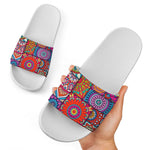 Square Bohemian Mandala Patchwork Print White Slide Sandals