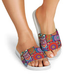 Square Bohemian Mandala Patchwork Print White Slide Sandals