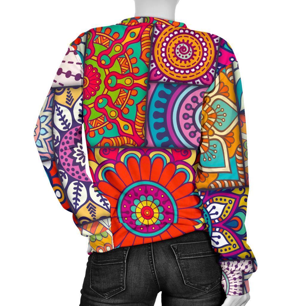 Square Bohemian Mandala Patchwork Print Women's Crewneck Sweatshirt GearFrost