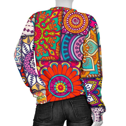 Square Bohemian Mandala Patchwork Print Women's Crewneck Sweatshirt GearFrost