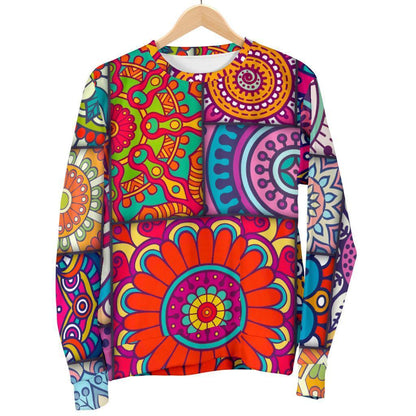 Square Bohemian Mandala Patchwork Print Women's Crewneck Sweatshirt GearFrost