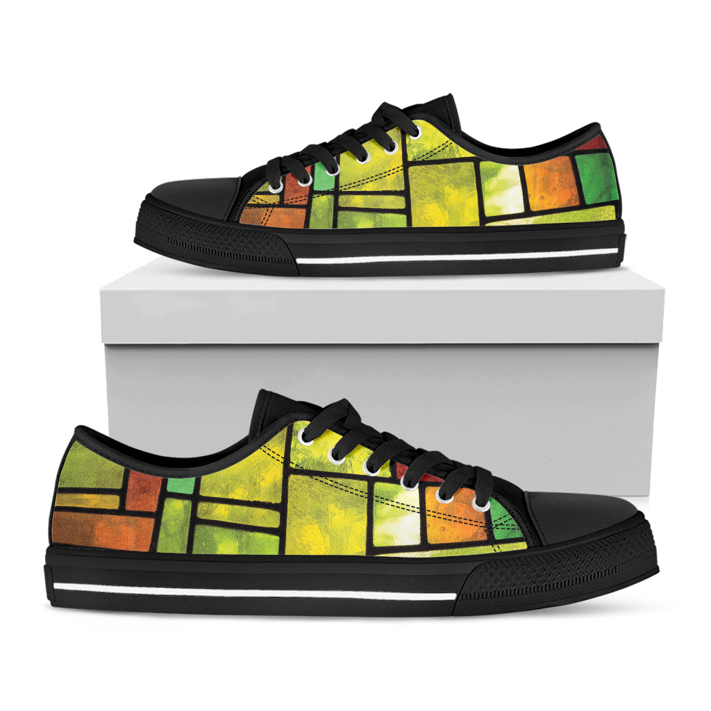 Square Stained Glass Mosaic Print Black Low Top Shoes