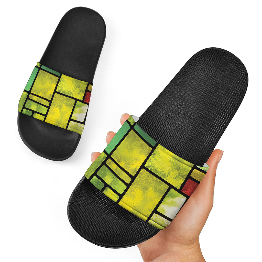 Square Stained Glass Mosaic Print Black Slide Sandals