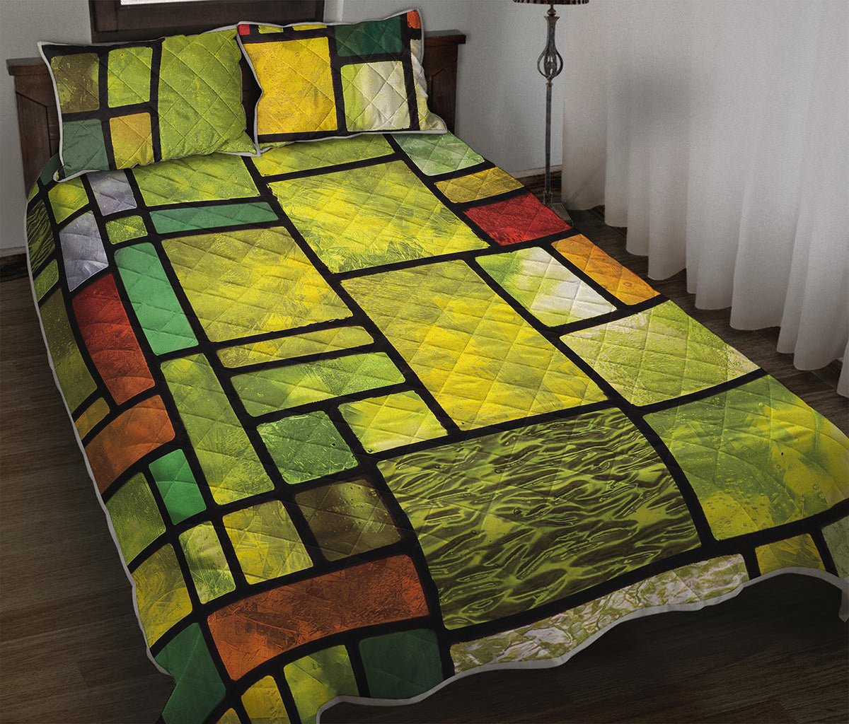 Square Stained Glass Mosaic Print Quilt Bed Set