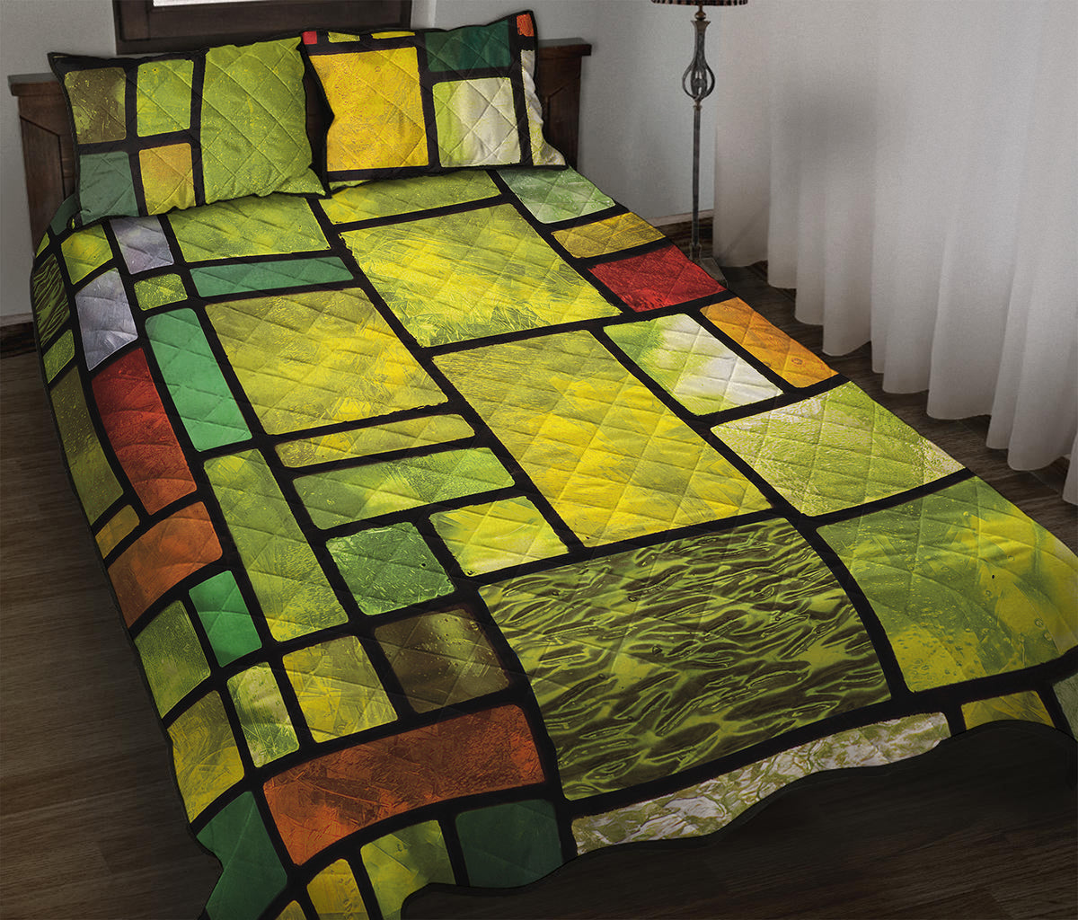 Square Stained Glass Mosaic Print Quilt Bed Set