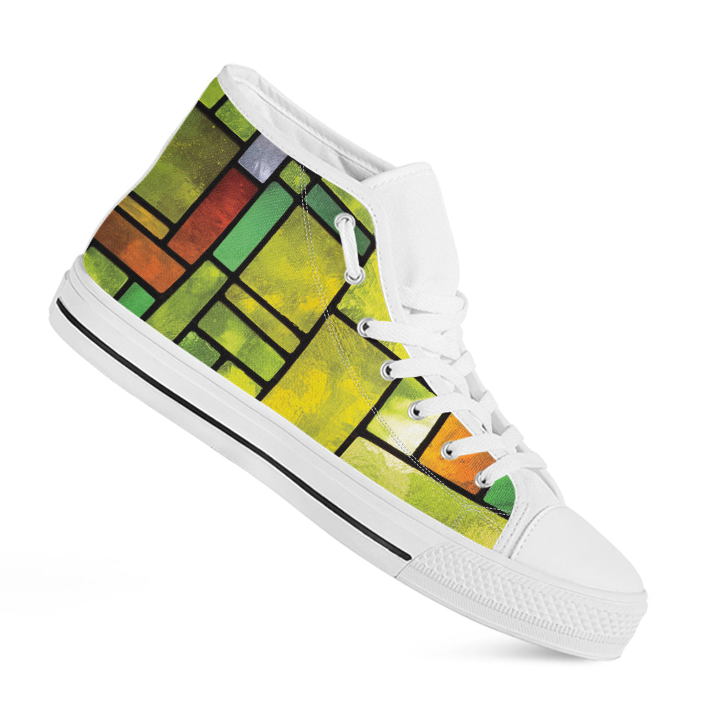 Square Stained Glass Mosaic Print White High Top Shoes