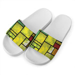 Square Stained Glass Mosaic Print White Slide Sandals