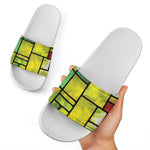 Square Stained Glass Mosaic Print White Slide Sandals