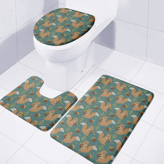 Squirrel Knitted Pattern Print 3 Piece Bath Mat Set
