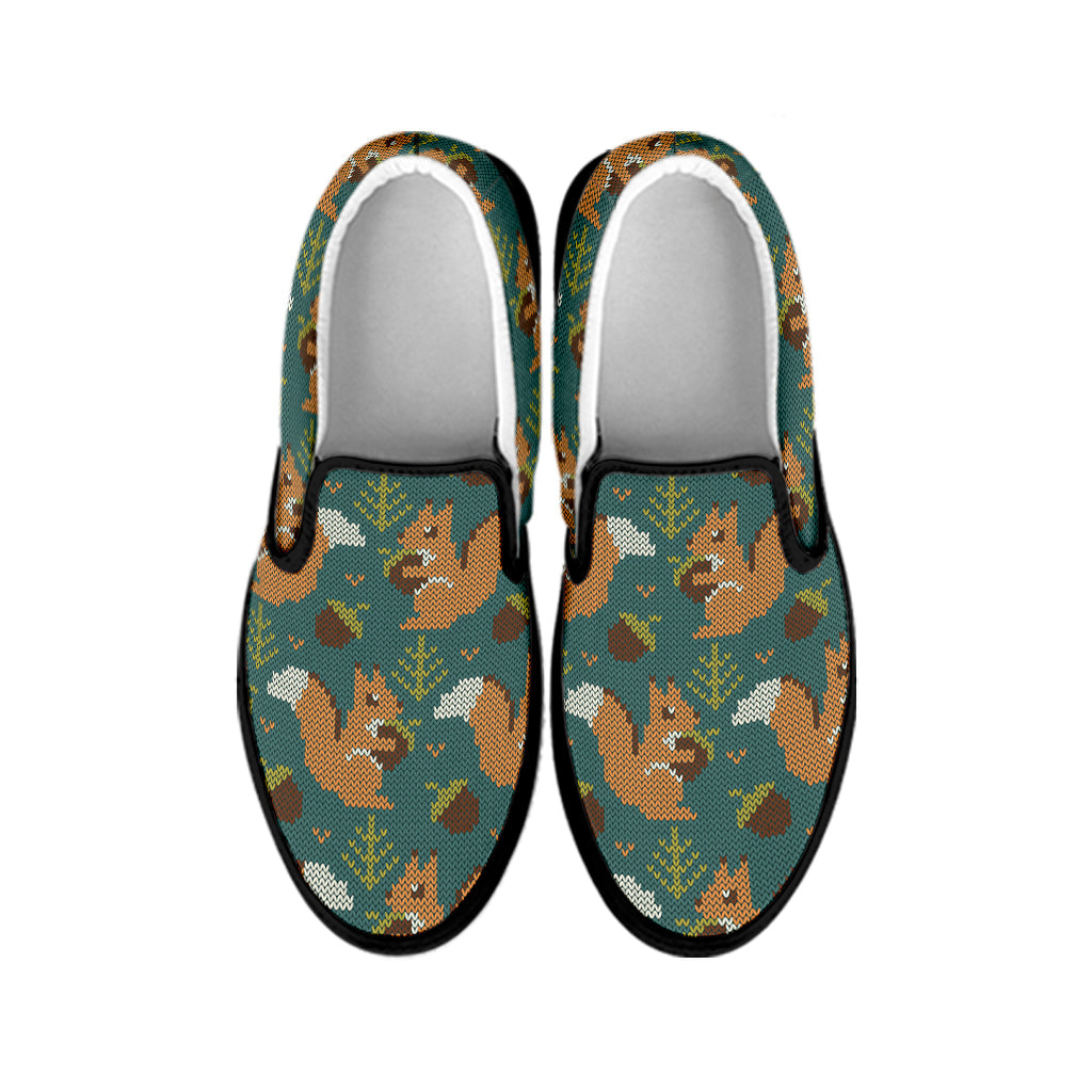 Squirrel Knitted Pattern Print Black Slip On Shoes