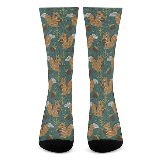 Squirrel Knitted Pattern Print Crew Socks
