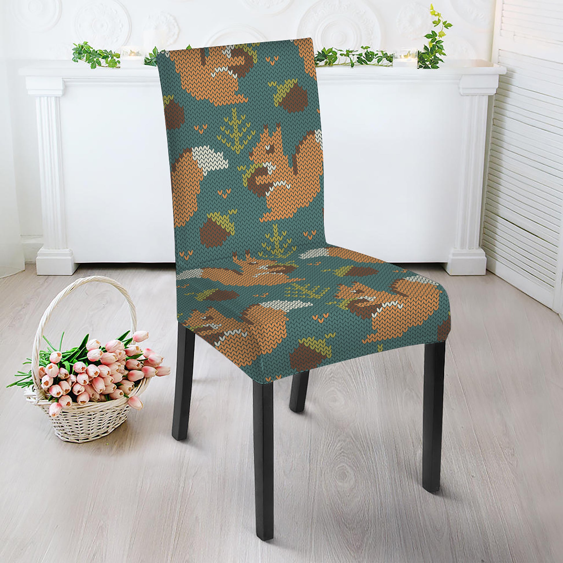 Squirrel Knitted Pattern Print Dining Chair Slipcover