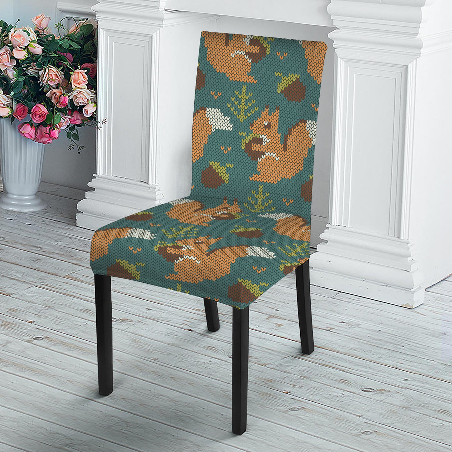 Squirrel Knitted Pattern Print Dining Chair Slipcover