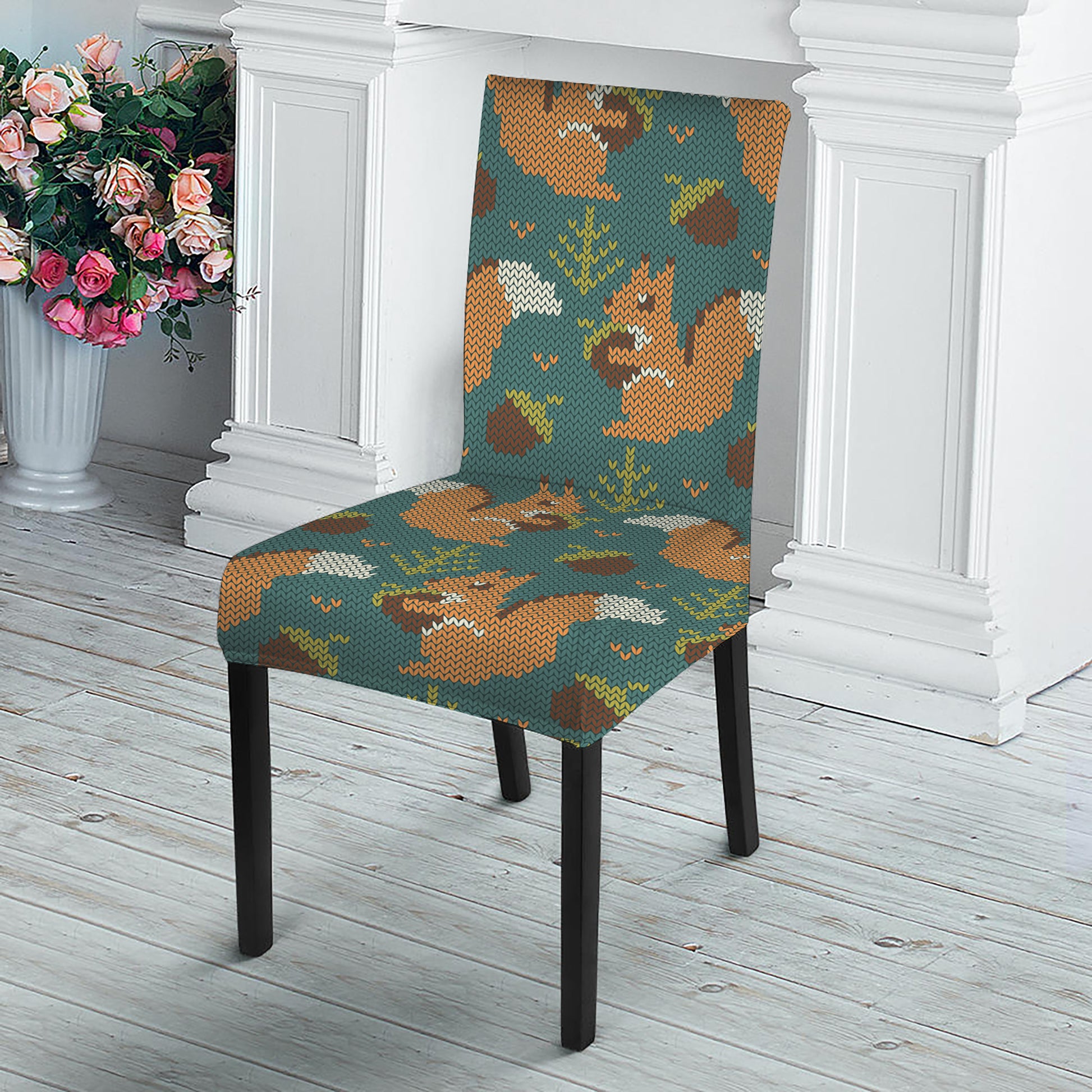 Squirrel Knitted Pattern Print Dining Chair Slipcover