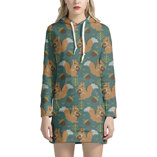 Squirrel Knitted Pattern Print Hoodie Dress