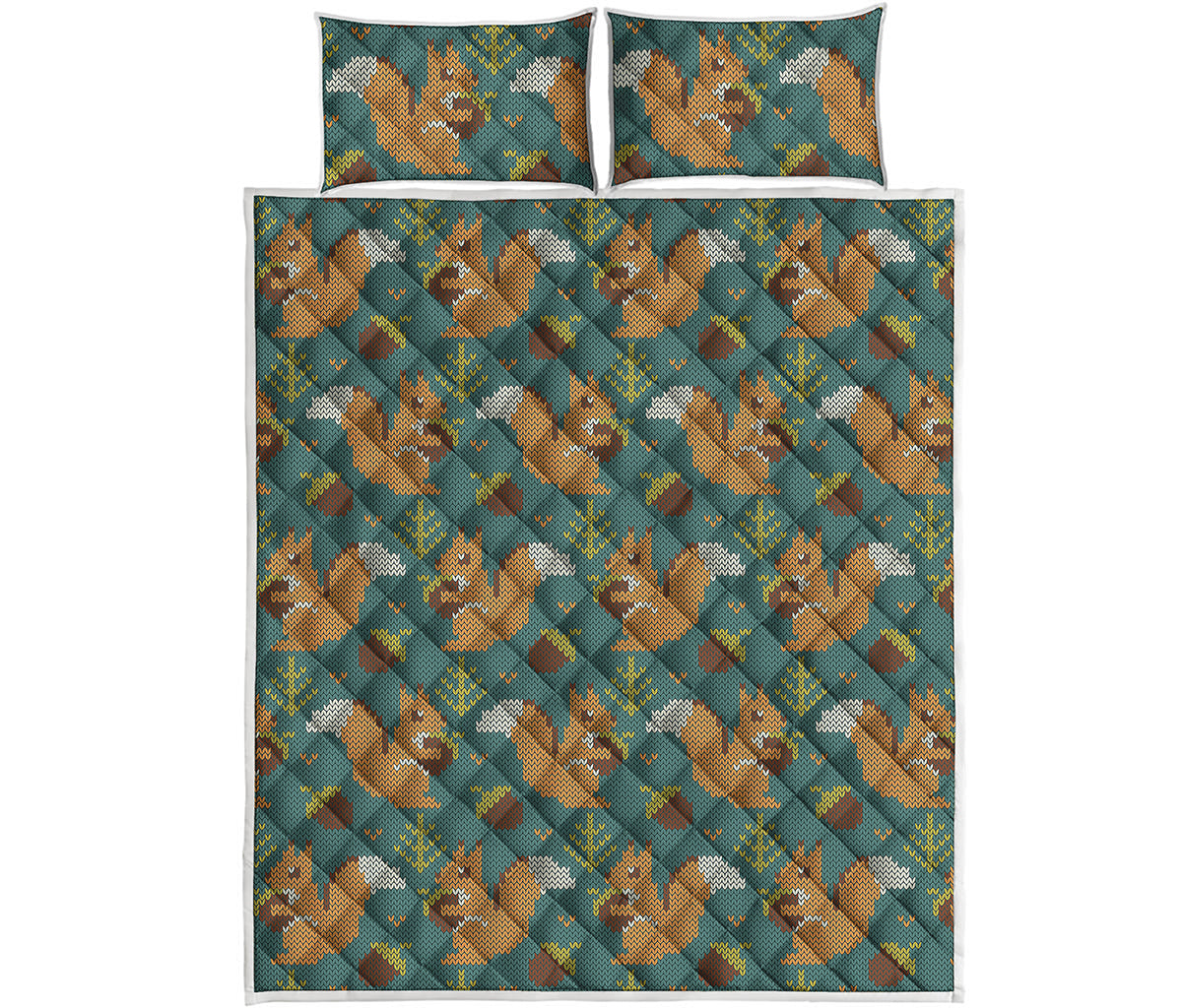 Squirrel Knitted Pattern Print Quilt Bed Set