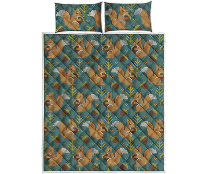 Squirrel Knitted Pattern Print Quilt Bed Set