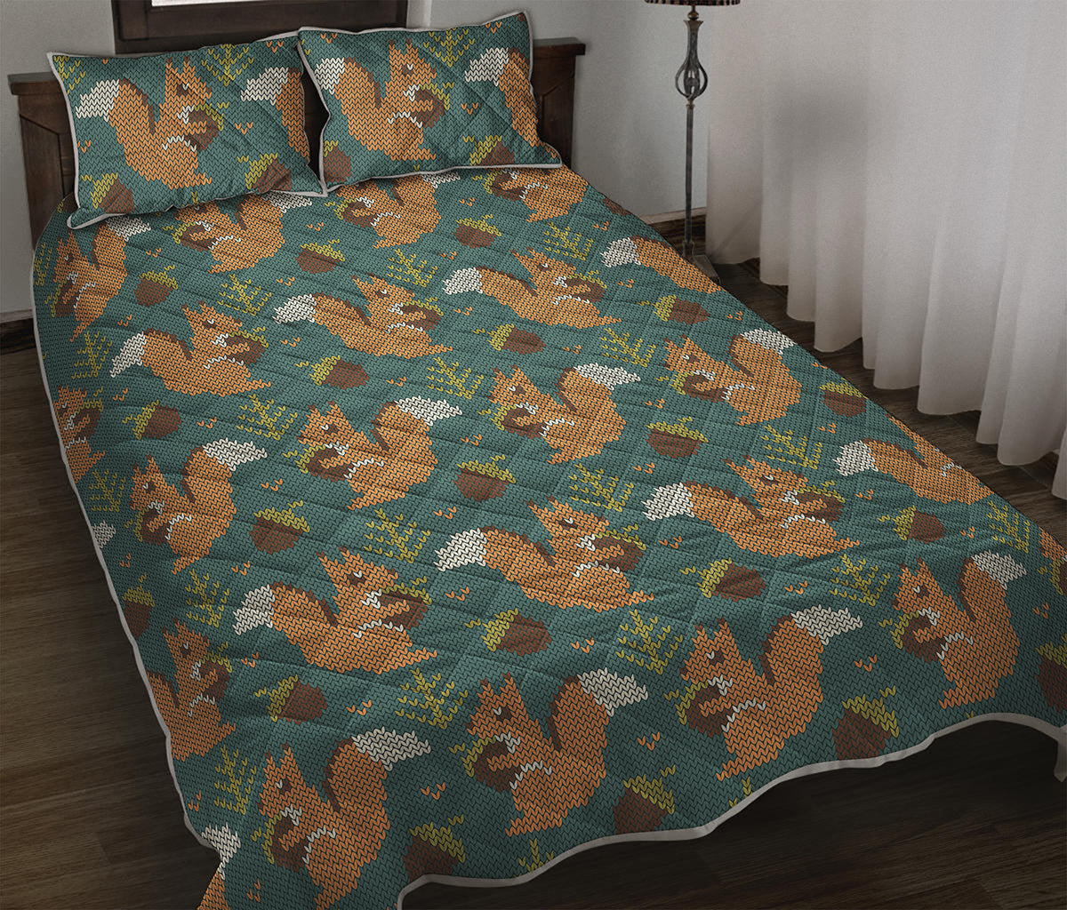 Squirrel Knitted Pattern Print Quilt Bed Set