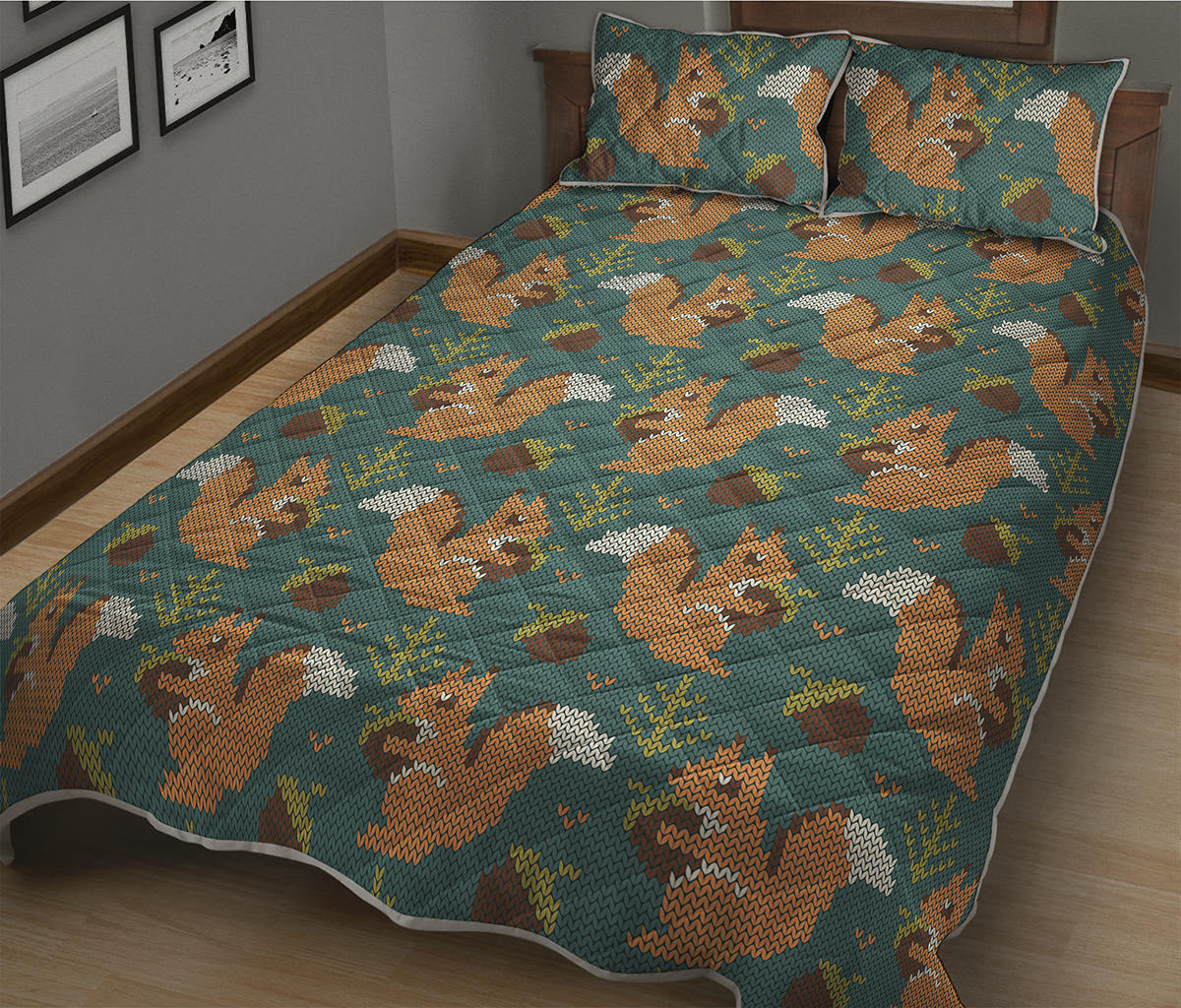 Squirrel Knitted Pattern Print Quilt Bed Set