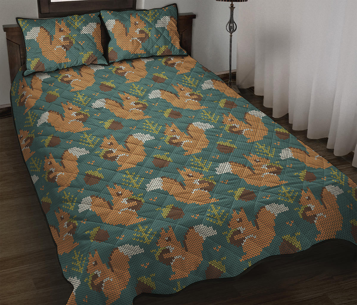Squirrel Knitted Pattern Print Quilt Bed Set