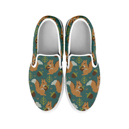Squirrel Knitted Pattern Print White Slip On Shoes