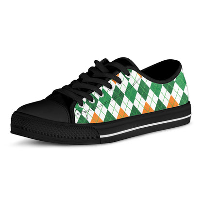St Patrick's Day Argyle Pattern Print Black Low Top Shoes