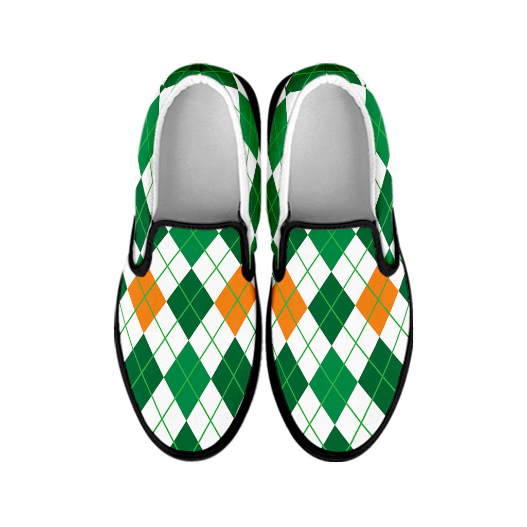 St Patrick's Day Argyle Pattern Print Black Slip On Shoes