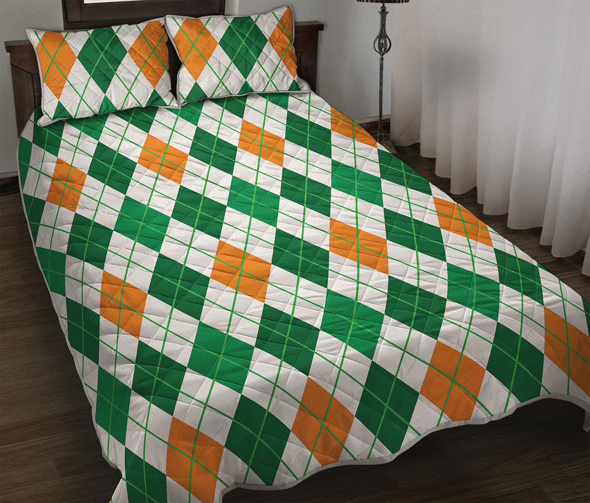 St Patrick's Day Argyle Pattern Print Quilt Bed Set