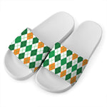 St Patrick's Day Argyle Pattern Print White Slide Sandals