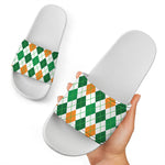 St Patrick's Day Argyle Pattern Print White Slide Sandals