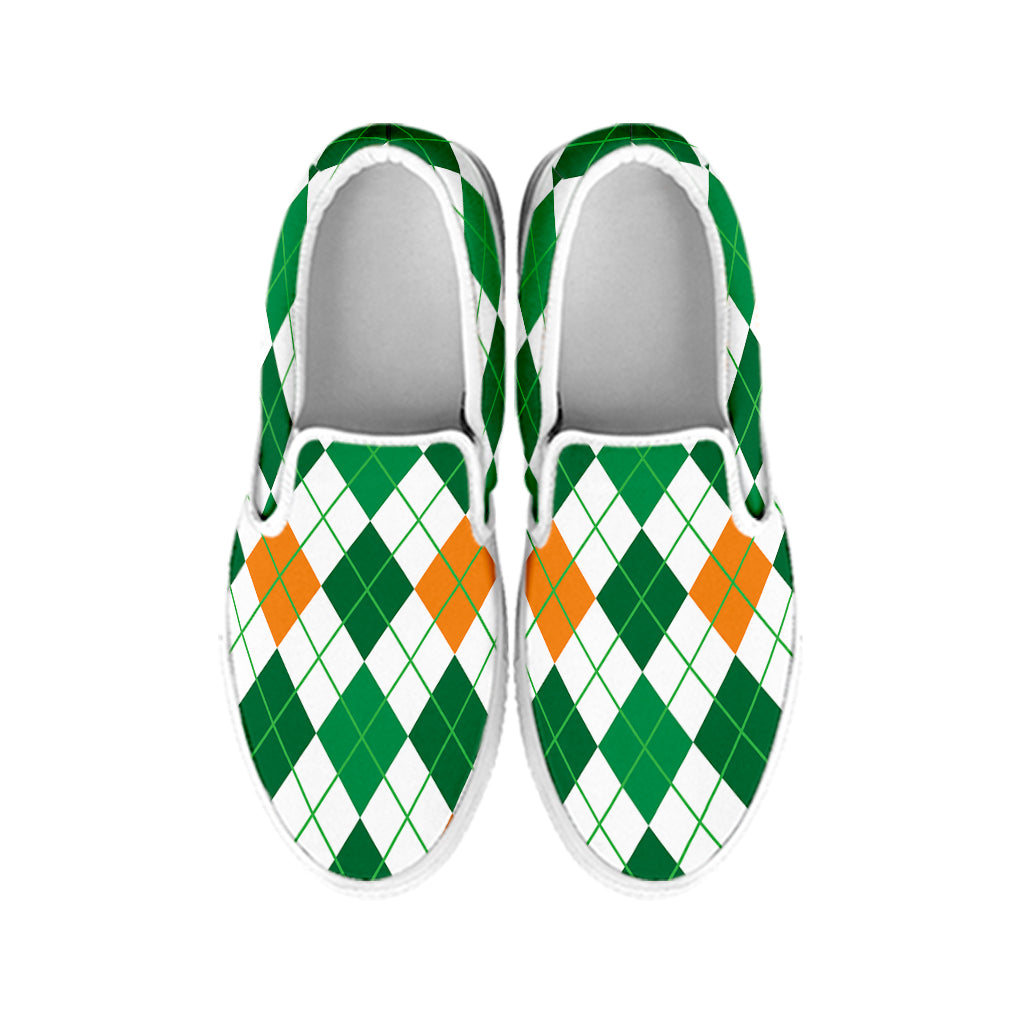 St Patrick's Day Argyle Pattern Print White Slip On Shoes