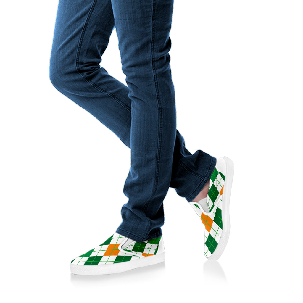 St Patrick's Day Argyle Pattern Print White Slip On Shoes