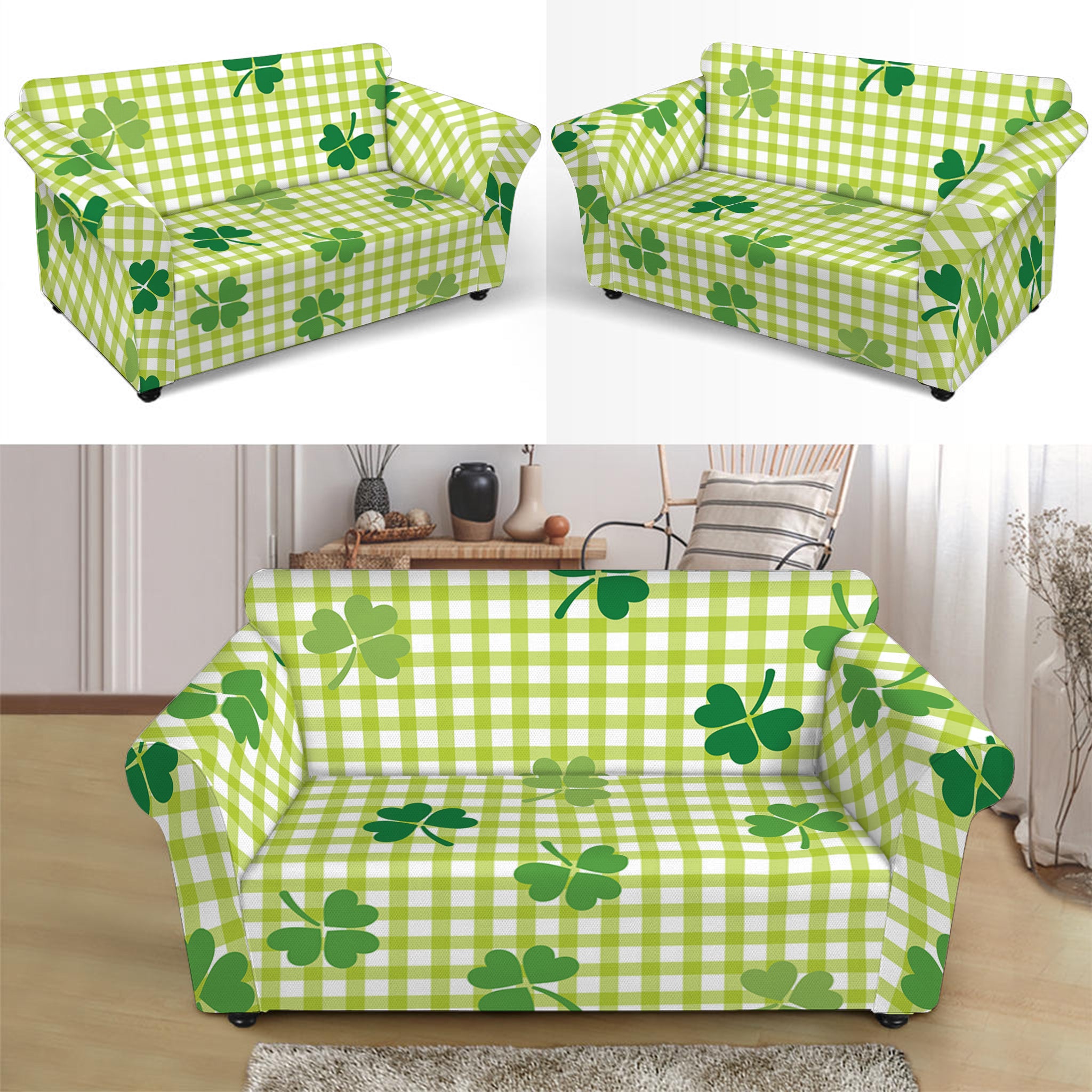 St. Patrick's Day Buffalo Plaid Print Loveseat Slipcover