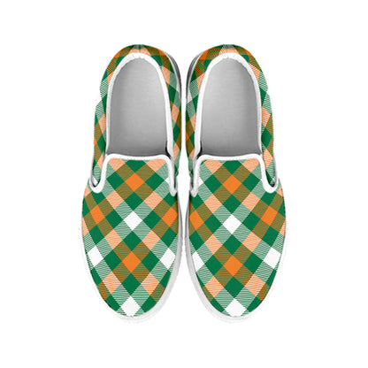 St. Patrick's Day Plaid Pattern Print White Slip On Shoes