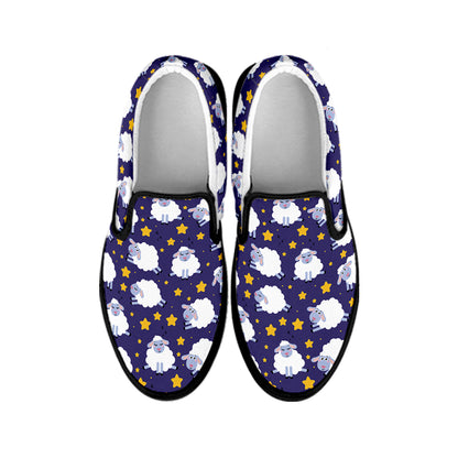 Star And Sheep Pattern Print Black Slip On Shoes